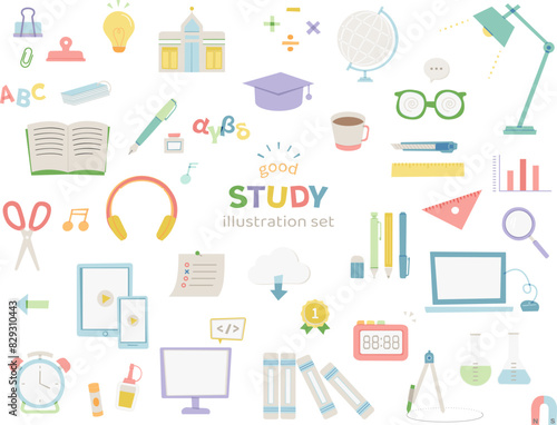 勉強　文具　イラスト　線なし　手描き風　学校　学習　学校　シンプル　PC 　ノート　デスク周り