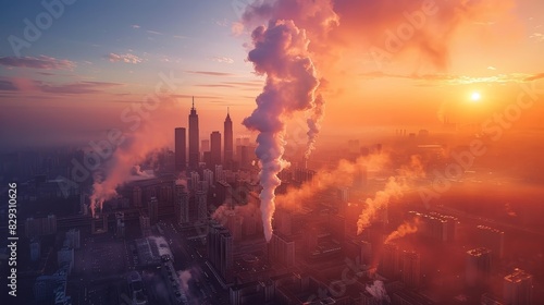 Aerial view of dense smoke over the urban skyline at sunset photo