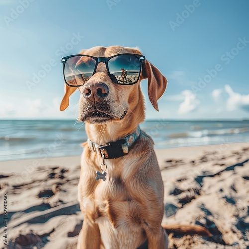 a cute dog with sunglasses on the sand beach on a sunny day enjoying vacation. hot summer day at the sea ocean
