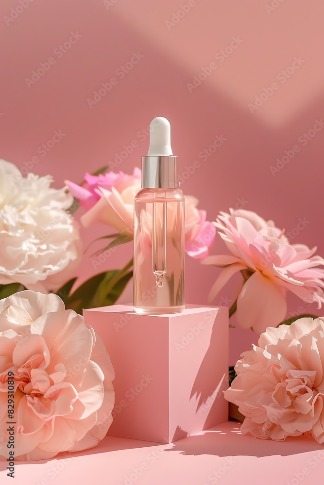 Photography of a cosmetic serum in a clear bottle, pink background Photography of a cosmetic serum in a clear bottle, pink background