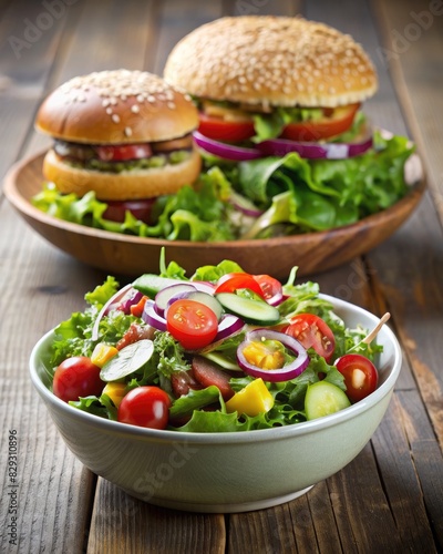 Fresh garden salad with tomatoes, cucumbers, and red onions, with burgers in the background.