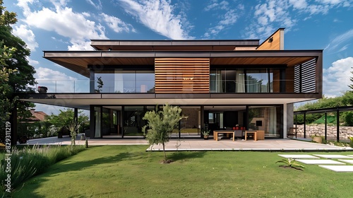 Modern villa with carbonized wood elements  photo