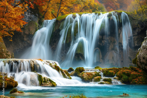 Beautiful waterfall in the forest with green mossy rocks and blue water, in an autumn nature background.