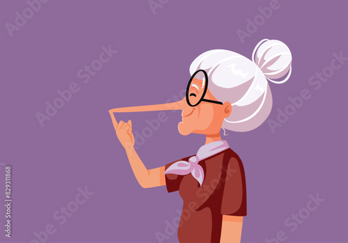 Dishonest Grandma Telling Lies Growing Big Nose Vector Illustration. Liar granny touching her growing nose 
