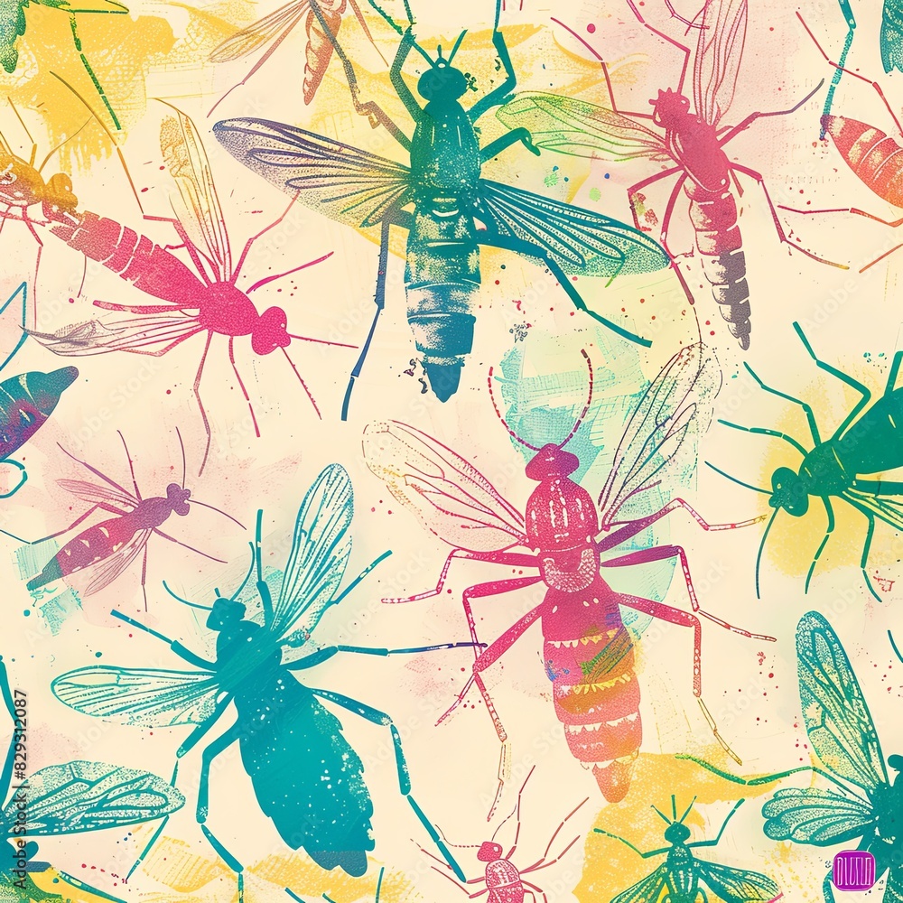 Fototapeta premium Vibrant Illustration of Disease-Preventing Measures Against Mosquitos and Ticks with Symbols of Natural Repellents