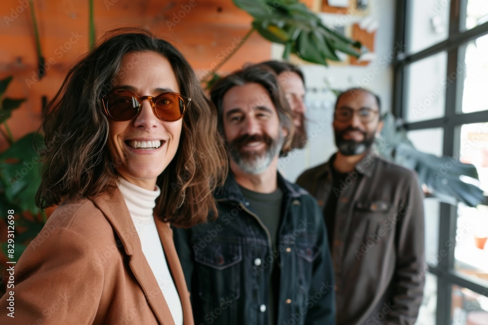 Portrait of smiling businesswoman in sunglasses standing with her team in office Portrait of smiling businesswoman in sunglasses standing with her team in office