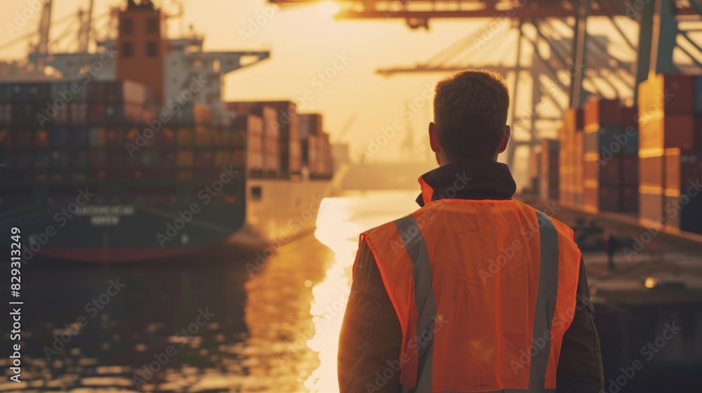 Fototapeta premium Man looks out over shipping yard.