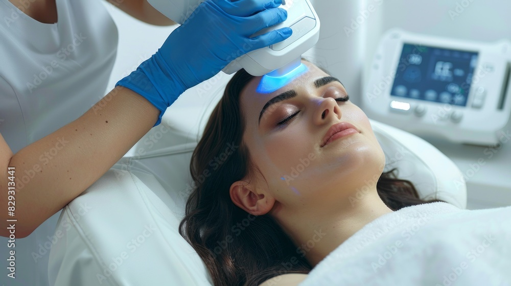 Woman lies on table while doctor uses laser on her forehead. Woman lies on table while doctor uses laser on her forehead.