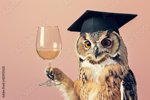 Elegant Owl: A wise-looking owl wearing a graduation cap and holding a glass of white wine with its talon end of education school univercity photo