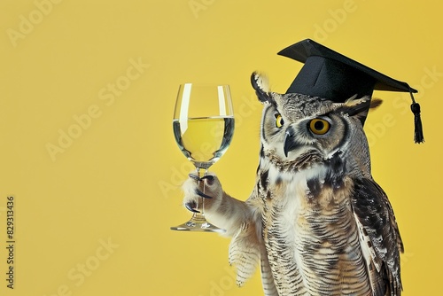 Elegant Owl: A wise-looking owl wearing a graduation cap and holding a glass of white wine with its talon end of education school univercity photo