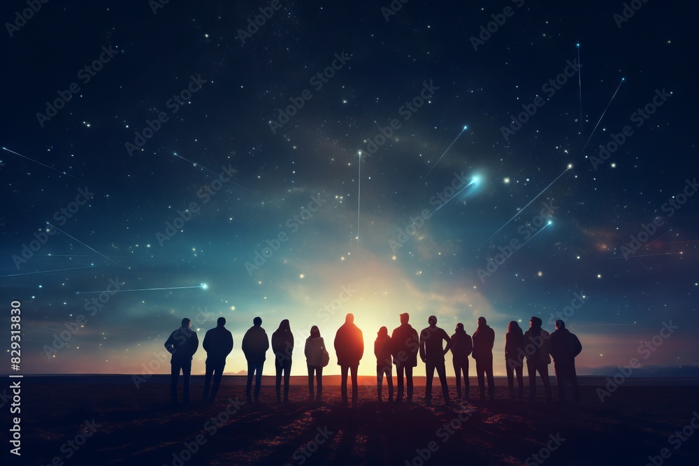 Silhouette of crowd standing against starry sky.