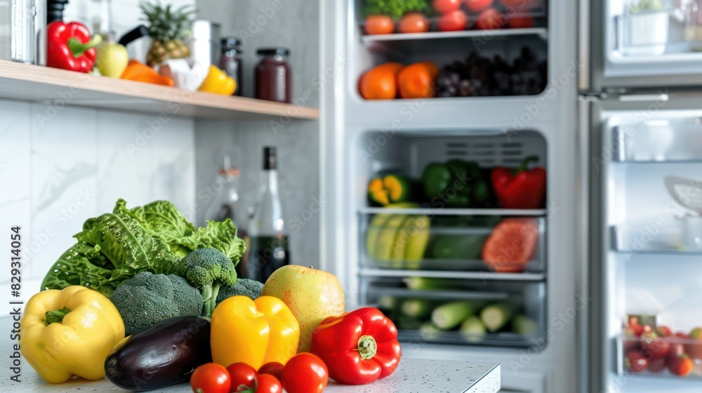 A variety of colorful fresh vegetables are placed on a kitchen countertop with an open refrigerator in the background, full of produce A variety of colorful fresh vegetables are placed on a kitchen countertop with an open refrigerator in the background, full of produce