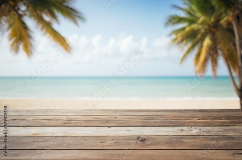 Wooden table with blurry beach summer background
