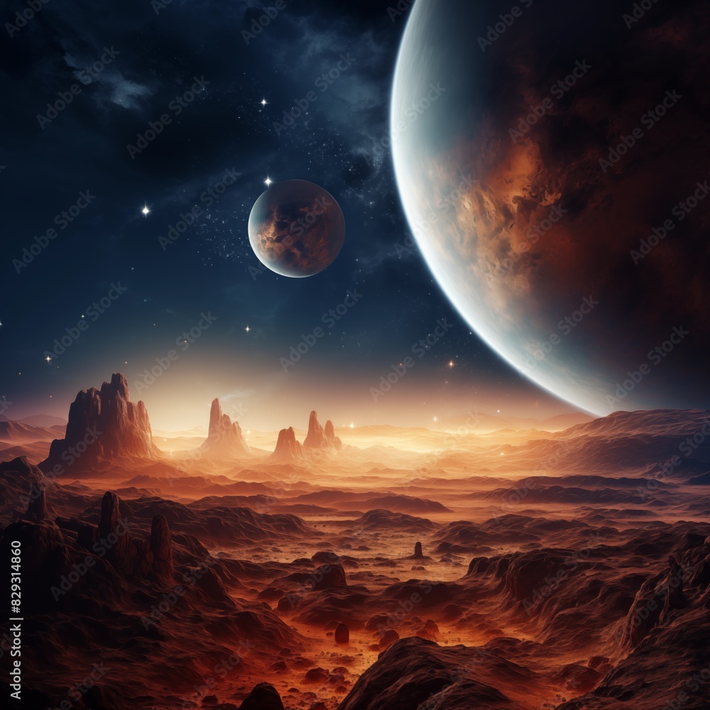 Close-up view of Mars in the vastness of space, highlighting its reddish-brown surface and unique geological features. In the distance, a breathtaking panorama of various planets. Close-up view of Mars in the vastness of space, highlighting its reddish-brown surface and unique geological features. In the distance, a breathtaking panorama of various planets.