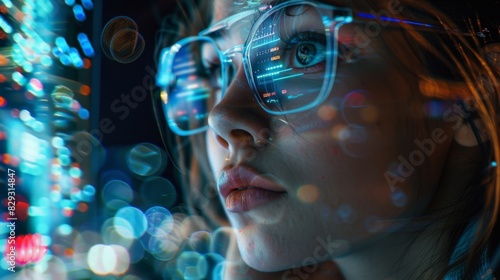 Holographic display of a woman on a tablet, depicted as a programmer or IT professional wearing glasses, deeply engaged in data analytics. digital technology, analyzes information