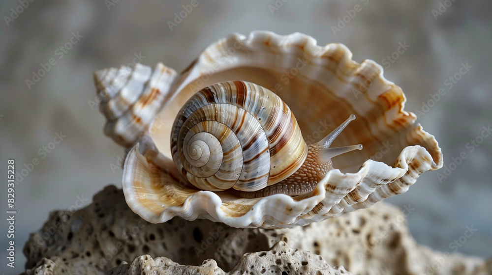 Close-up Shot of a Snail Resting on a Seashell, Capturing the Intricate Details of Its Spiral Shell and the Textured Surface of the Coral, Perfect for Marine Life and Nature Themes Close-up Shot of a Snail Resting on a Seashell, Capturing the Intricate Details of Its Spiral Shell and the Textured Surface of the Coral, Perfect for Marine Life and Nature Themes