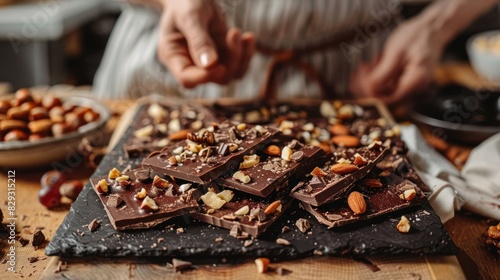 Artisan Chocolate Bark adorned with Nuts and Dried Fruits on a Modern Kitchen Countertop photo