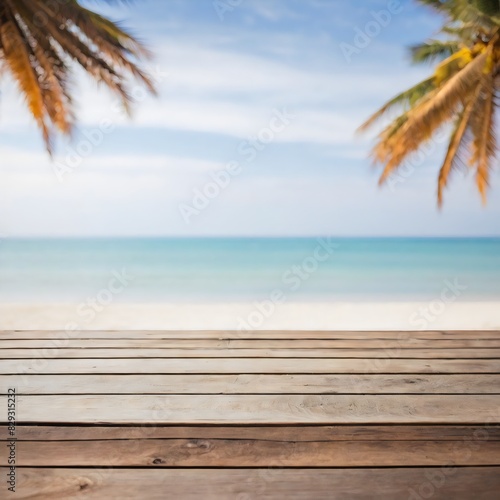 Wooden table with blurry beach summer background