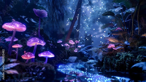 Mystical Forest with Glowing Mushrooms and Sparkling Stream