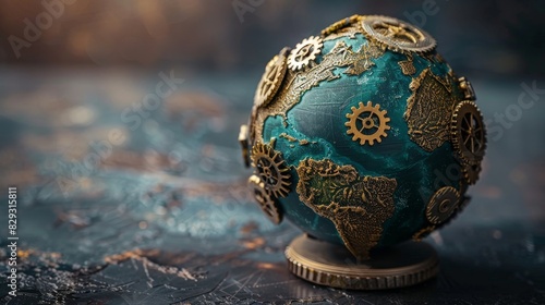 A globe with interconnected gears and cogs, representing the concept of global cooperation and teamwork.