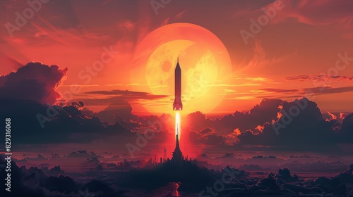 A minimalist, silhouette-style image of a rocket against a vibrant sunset sky, representing the beauty and wonder of space exploration.