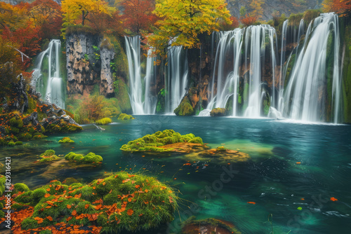 Beautiful waterfall in the forest with green mossy rocks and blue water  in an autumn nature background.