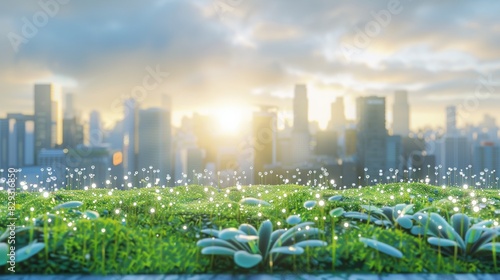 Dawn of urban greening: Moss and young plants atop a city roof, juxtaposing nature with the urban skyline