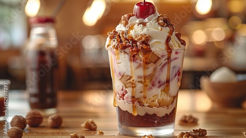 A towering ice cream sundae with whipped cream, nuts, and a cherry on top. photo