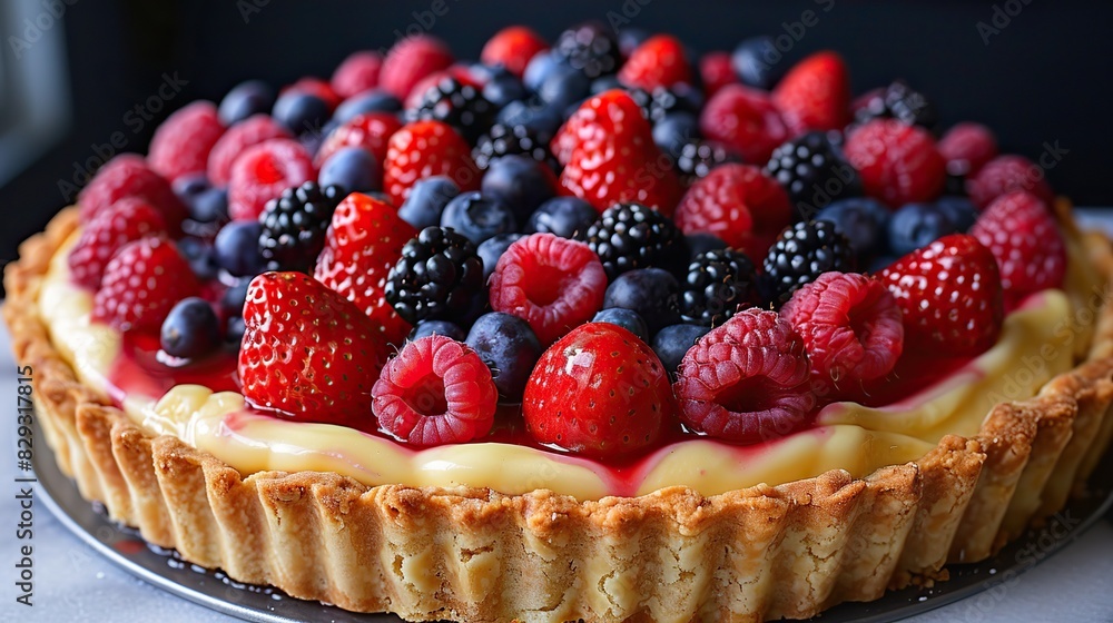A fresh fruit tart, topped with an array of vibrant berries. A fresh fruit tart, topped with an array of vibrant berries.