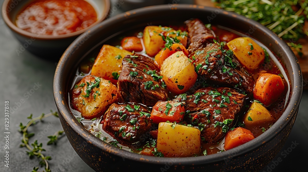 A bowl of hearty beef stew, with chunks of potato and carrots. A bowl of hearty beef stew, with chunks of potato and carrots.