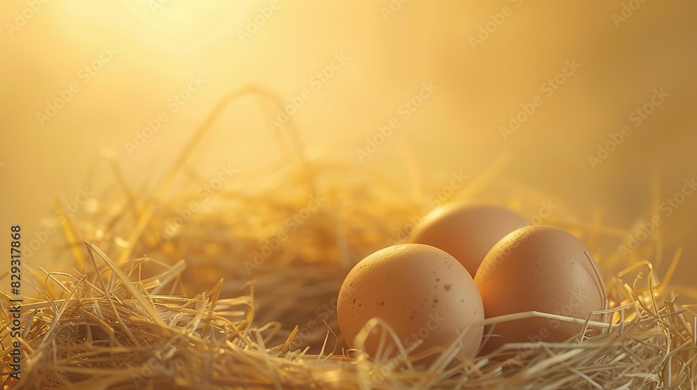 Farm fresh eggs nestled in a straw nest with a soft yellow background Farm fresh eggs nestled in a straw nest with a soft yellow background