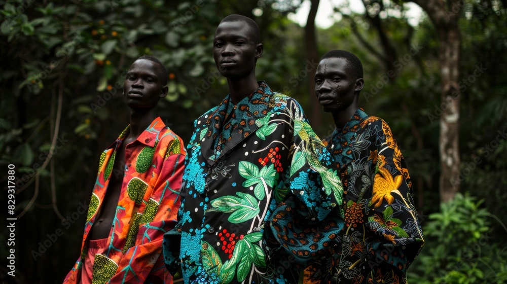 Fototapeta premium Nature-Inspired Fashion in Forest: African Models in Garments with Wild Berry and Leaf Prints
