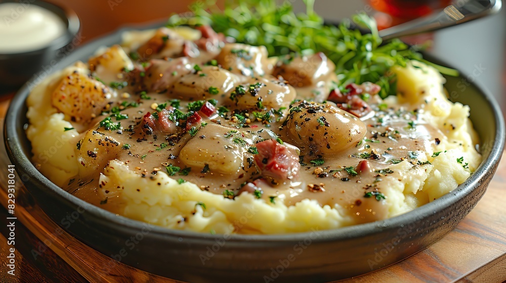 A dish of creamy mashed potatoes, topped with gravy. A dish of creamy mashed potatoes, topped with gravy.