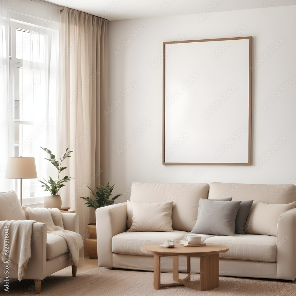 Frame mockup, ISO A paper size. Living room poster mockup. Modern interior design. Living room Interior mockup with house background. 3D render Frame mockup, ISO A paper size. Living room poster mockup. Modern interior design. Living room Interior mockup with house background. 3D render