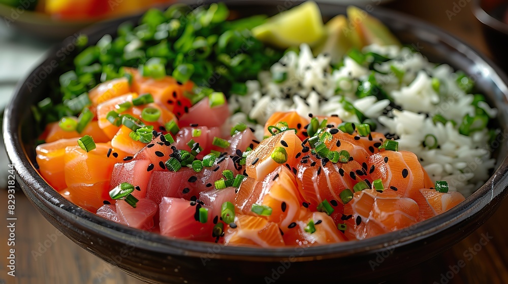 A colorful poke bowl, filled with fresh fish, vegetables, and rice. A colorful poke bowl, filled with fresh fish, vegetables, and rice.