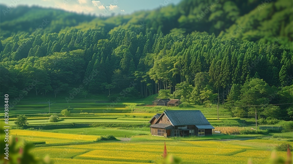 In summer, sunny day, a countryside in Japan, a big farm in the foreground, and huge forest in the background. Generative AI.