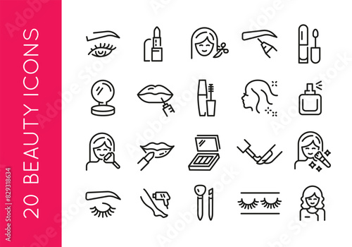 Beauty icons. Set of 20 beauty trendy minimal icons. Example: Eye, Lipstick, Haircut, Eyebrow, Perfume icon. Design signs for web page, mobile app, packaging design. Vector illustration.