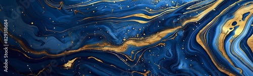 Abstract blue marble texture with gold splashes, blue luxury background