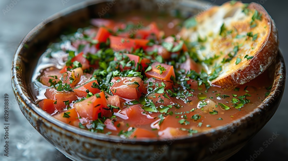 A refreshing bowl of gazpacho, served with a slice of bread. A refreshing bowl of gazpacho, served with a slice of bread.