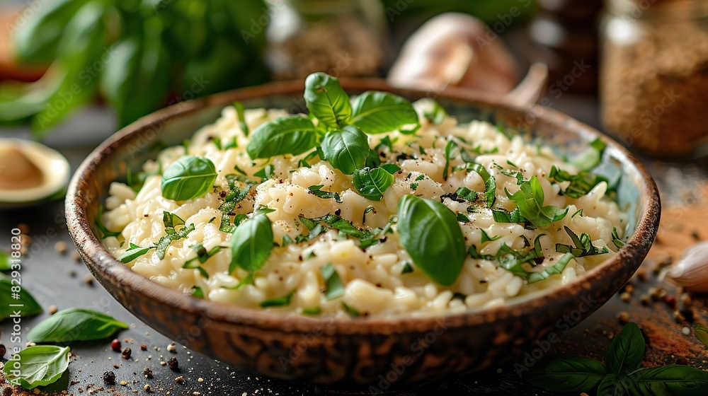A dish of perfectly cooked risotto, garnished with fresh herbs. A dish of perfectly cooked risotto, garnished with fresh herbs.