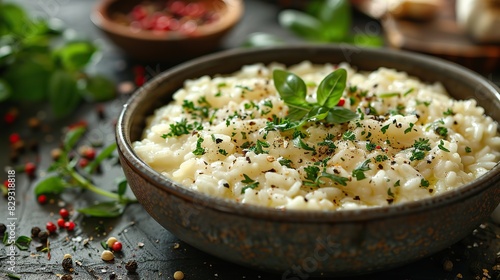 A dish of perfectly cooked risotto, garnished with fresh herbs. photo