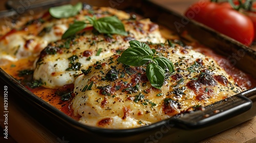 A dish of savory chicken Parmesan  topped with melted cheese.