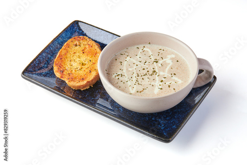 Creamy Mushroom Soup with Garlic Butter Bread (crouton) isolated on white background.