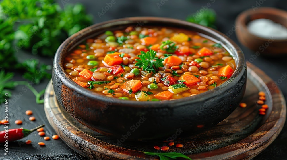 A bowl of hearty lentil soup, filled with vegetables and spices. A bowl of hearty lentil soup, filled with vegetables and spices.
