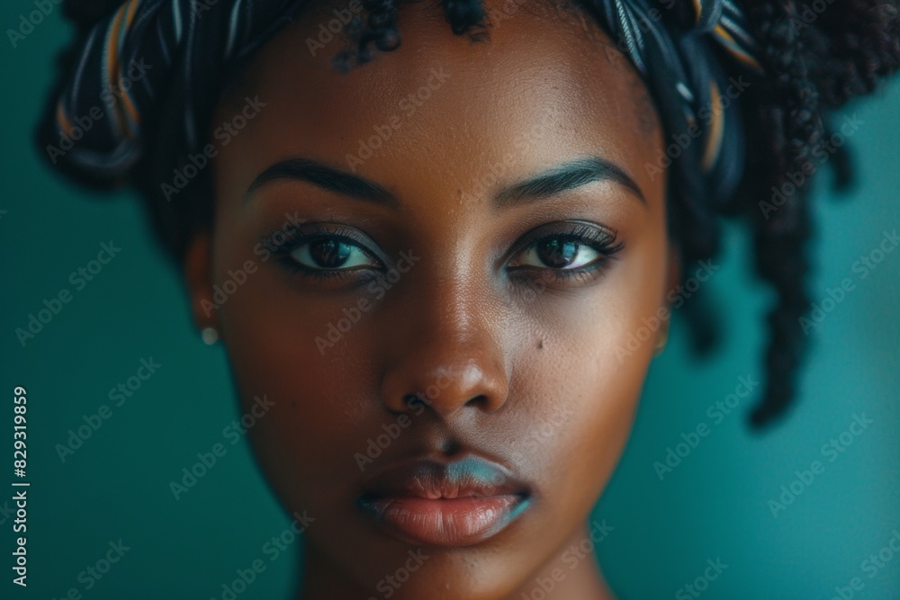 Fototapeta premium Young black woman serious face portrait