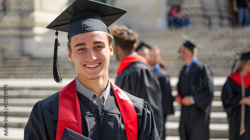 Smiling young graduate in cap and gown with red stole, standing on steps outside historic university building, celebrating academic success