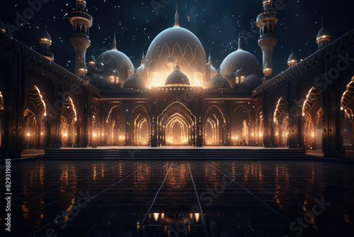 Luxury Oriental Palace or Mosque at night. islamic Architecture. Mosque building and minaret in night light. Muslim Holiday Background. Eid Mubarak Ramadan Kareem wallpaper 