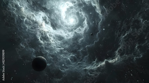 A dark space with a large black hole in the center. There are two planets in the foreground photo