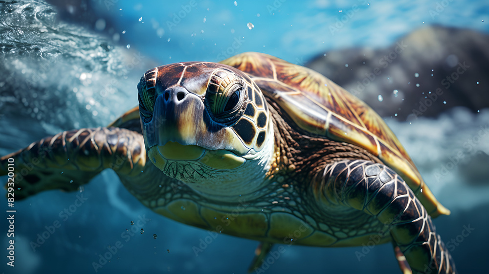 Fototapeta premium Turtle gracefully swimming through crystal clear waters