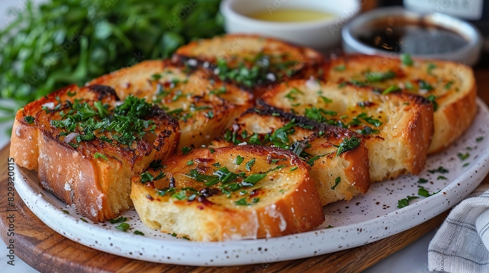 A plate of buttery garlic bread, perfect for dipping. A plate of buttery garlic bread, perfect for dipping.